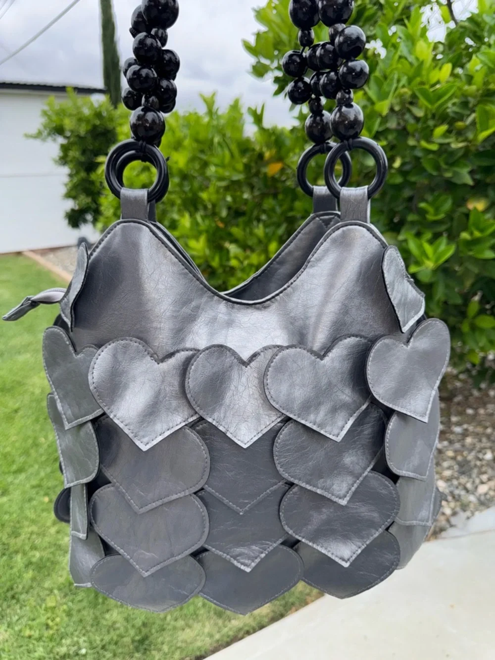 RARE Gray Faux Leather Retro Groovy Hearts Flap Beaded Handle Shoulder Bag Purse